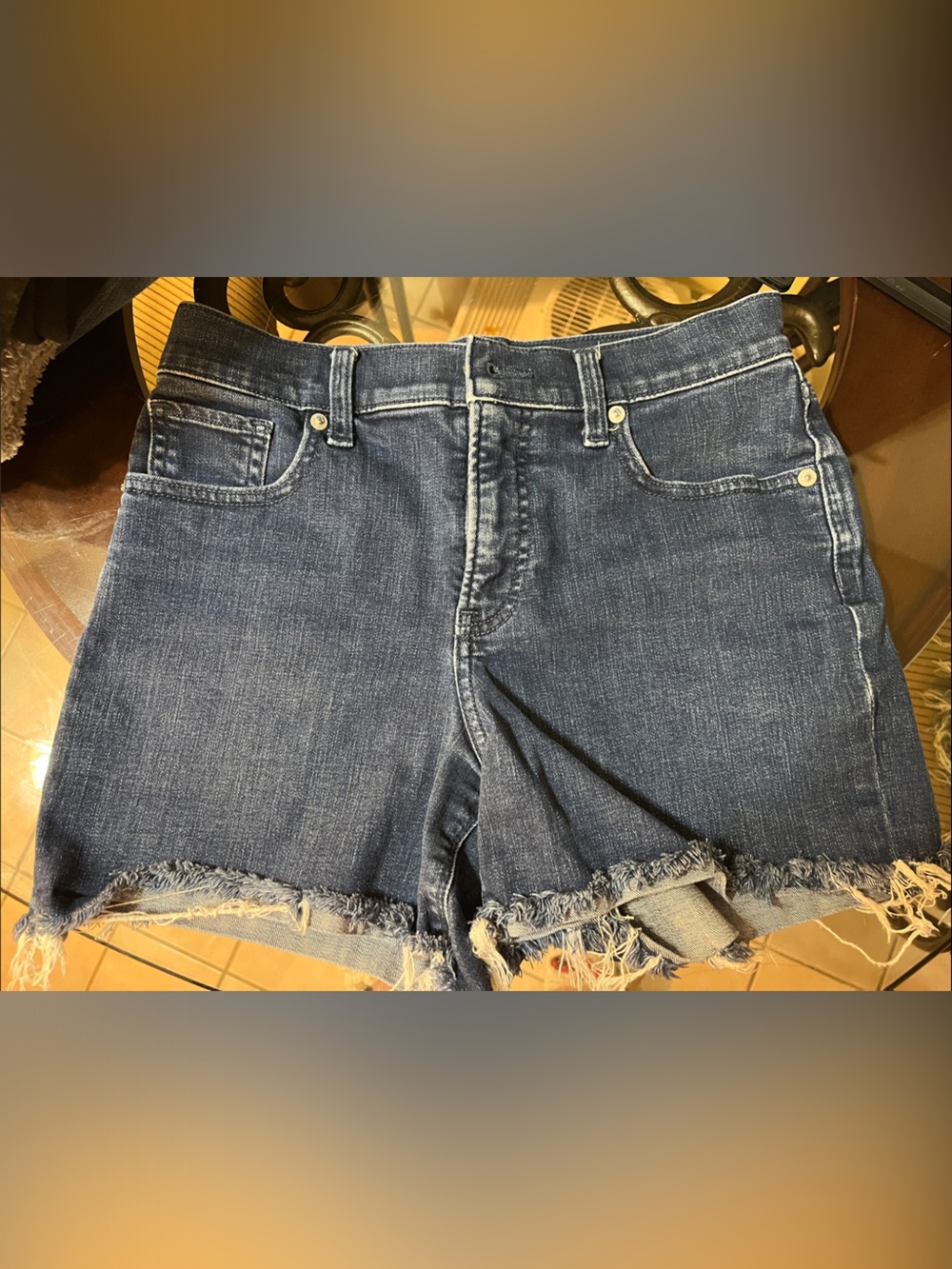 Express Dark Blue Frayed Hem Denim Shorts